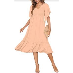 NEW Empire Waist Dress Smocked Flutter Short Sleeve V Neck Midi L